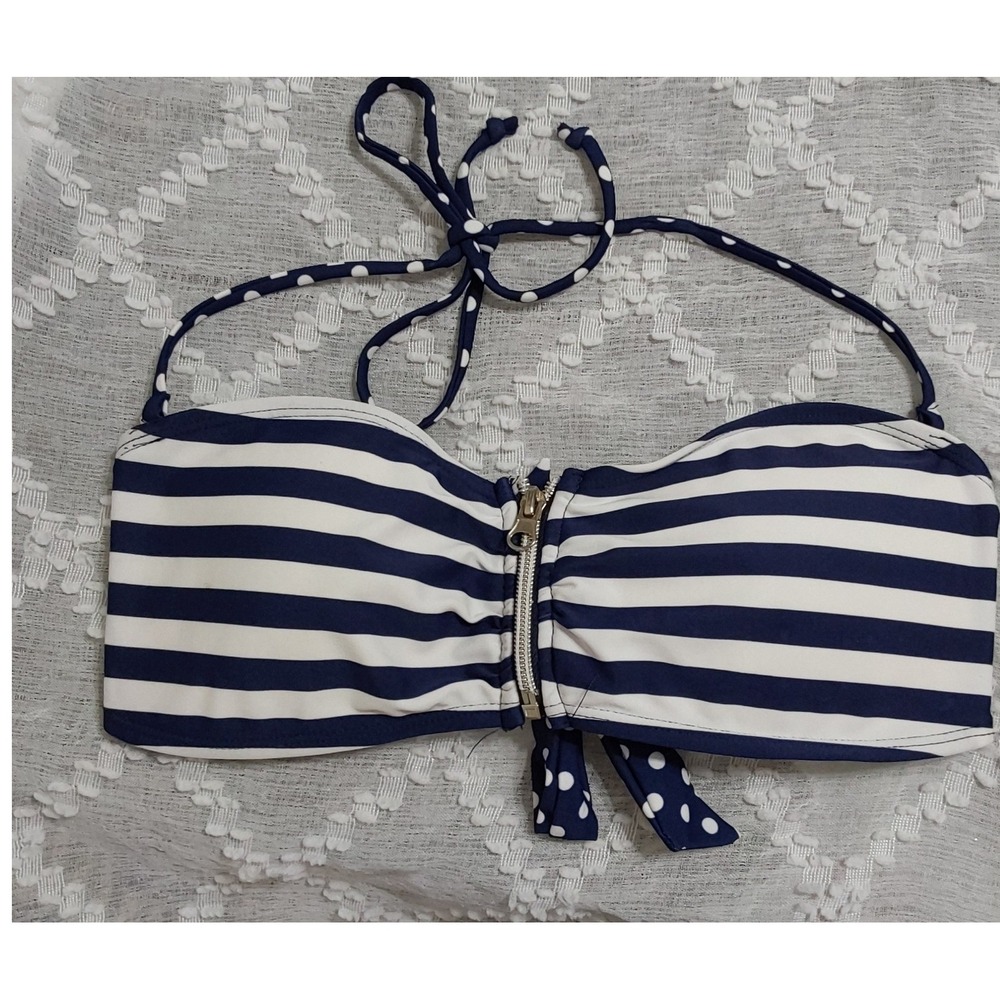 Navy Blue White Striped Polka Dot Front Zip Bandeau Halter Bikini Top S/M